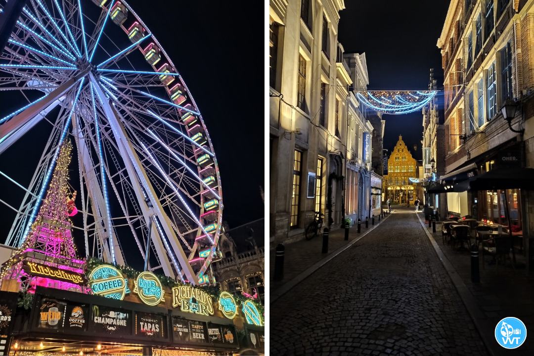 Photo of the wheel and a typical street with Christmas decorations in Ghent